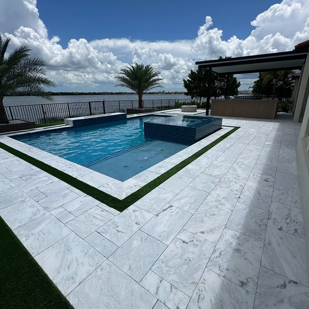 Marble pool deck before cleaning and sealing